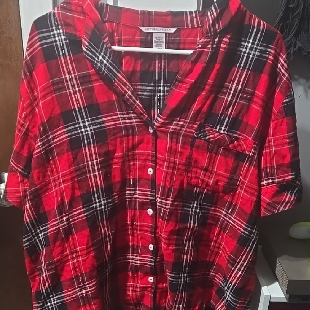 Victoria's Secret Red Plaid Button-Up Shirt pj